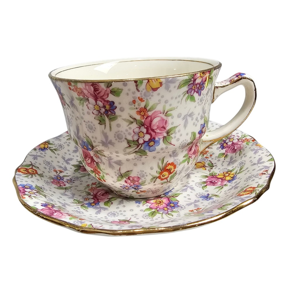 Royal Winton Eleanor Chintz Tea Cup and Saucer Set Floral Gold Trim England